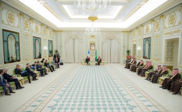 Saudi Crown Prince and Prime Minister Mohammed bin Salman receiving French President Emmanuel Macron at Al-Yamamah Palace in Riyadh on Monday.