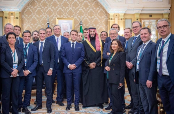 Crown Prince and Prime Minister Mohammed bin Salman with French President Emmanuel Macron, along with senior French business leaders, in Riyadh on Tuesday.