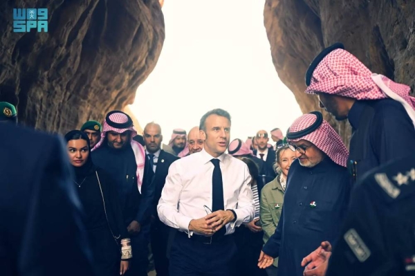 French President Emmanuel Macron tours archeological sites in AlUla on Wednesday