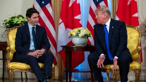 President Donald Trump speaks during a meeting with Canadian Prime Minister Justin Trudeau during the NATO summit, at Winfield House, Tuesday, Dec. 3, 2019