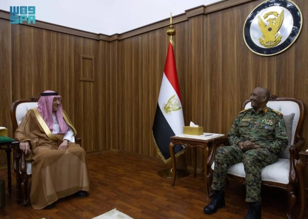 Sudan's Sovereign Council President Lt. Gen. Abdel Fattah Al-Burhan holds talks with Saudi Deputy Minister of Foreign Affairs Eng. Waleed Al-Kheraiji in Port Sudan on Sunday.
