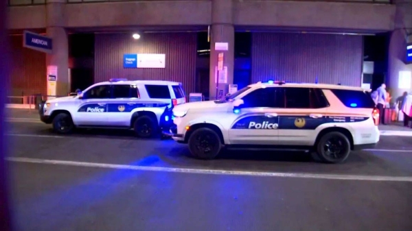 Police cars outside of Sky Harbor International Airport in Phoenix, Arizona, where three people were shot and one was stabbed on December 25, 2024