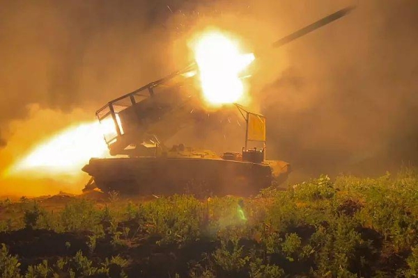 The Russian army's multiple rocket launcher Solntsepyok fires towards Ukrainian positions in Kursk, 13 November, 2024