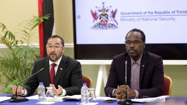 Acting Attorney General and Minister of Energy Stuart Young and Minister of National Security Fitzgerald Hinds hold a press conference at the National Security Ministry in Port of Spain, Trinidad and Tobago, on December 30, 2024