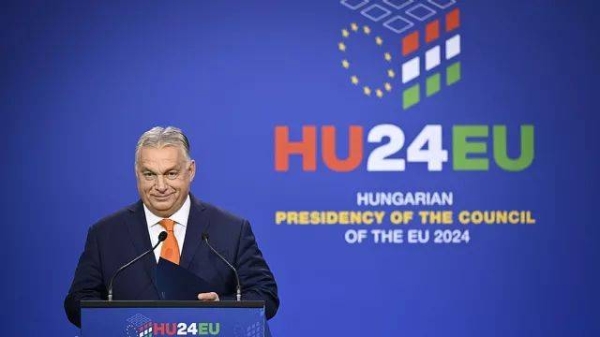 Hungary's Prime Minister Viktor Orban prepares to address a media conference at the end of an EU Summit at the Puskas Arena in Budapest, Friday, Nov. 8, 2024