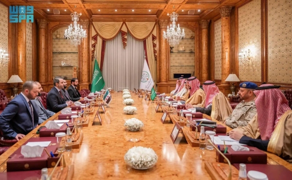 Saudi Minister of Defense Prince Khalid bin Salman holds talks with the delegation from the new Syrian Administration in Riyadh on Thursday.

