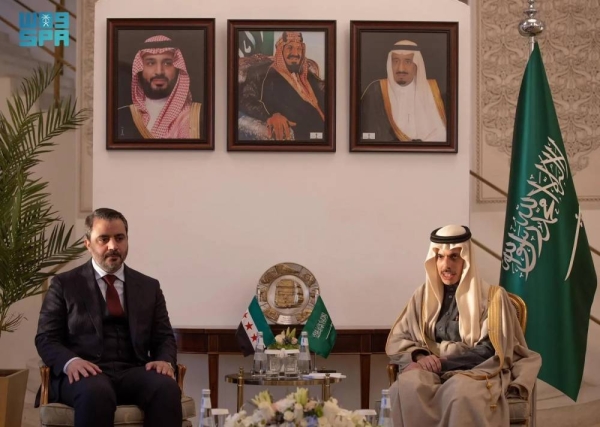 Saudi Minister of Foreign Affairs Prince Faisal bin Farhan holds talks with his Syrian counterpart Asaad Al-Shaibani in Riyadh on Thursday.