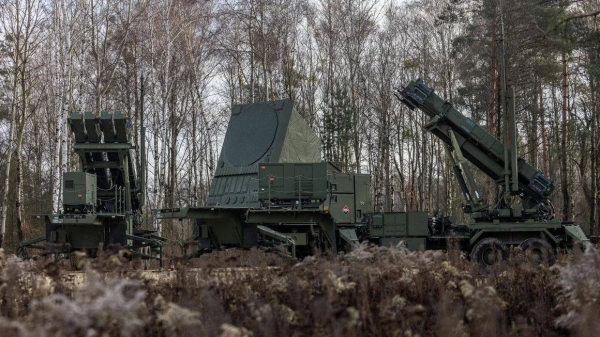 Surface-to-air missile launchers of the Patriot system of 37th Air Defense Missile Squadron from the 3rd Warsaw Air Defense Missile Brigade