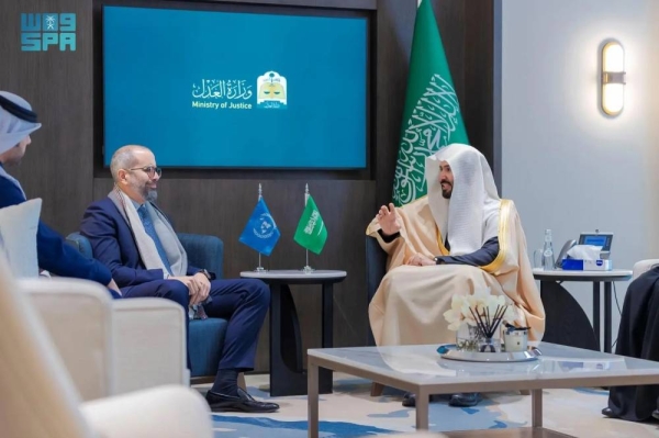 Saudi Minister of Justice Dr. Walid Al-Samaani meets UN Resident Coordinator in Saudi Arabia Mohamed El Zarkani in Riyadh on Sunday.
