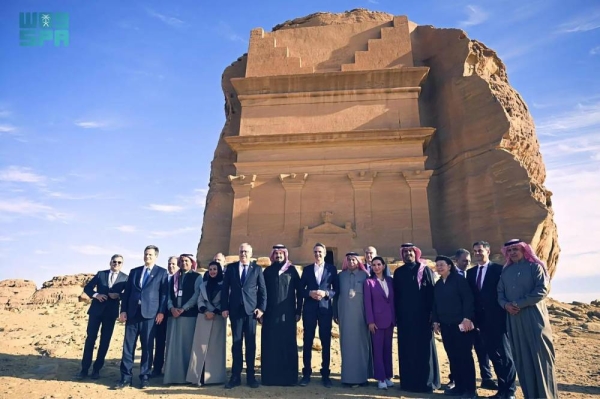 Saudi Crown Prince and Prime Minister Mohammed bin Salman receives Greek Prime Minister Kyriakos Mitsotakis at the winter camp in AlUla on Monday.