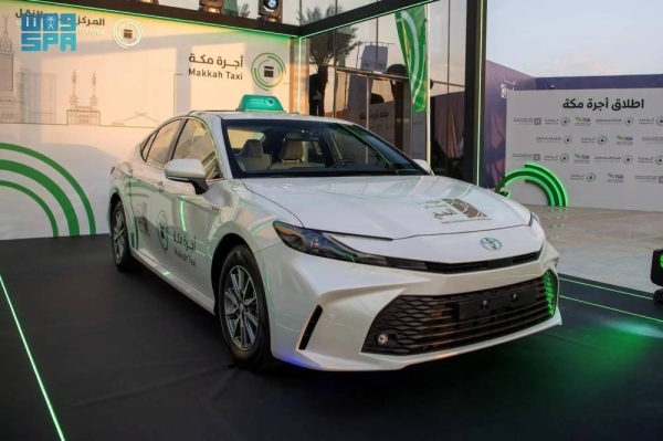 Deputy Emir of Makkah Region Prince Saud bin Mishal, Minister of Hajj and Umrah Dr. Tawfiq Al-Rabiah, and Minister of Transport and Logistic Saleh Al-Jasser during the launching of Makkah Taxi service at the Hajj Conference and Exhibition 2025 at Jeddah Superdome on Monday evening.
