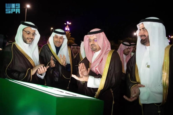 Deputy Emir of Makkah Region Prince Saud bin Mishal, Minister of Hajj and Umrah Dr. Tawfiq Al-Rabiah, and Minister of Transport and Logistic Saleh Al-Jasser during the launching of Makkah Taxi service at the Hajj Conference and Exhibition 2025 at Jeddah Superdome on Monday evening.
