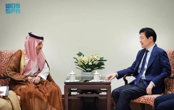 Singapore's Prime Minister and Minister of Finance Lawrence Wong receives Saudi Minister of Foreign Affairs Prince Faisal bin Farhan in Singapore on Wednesday.