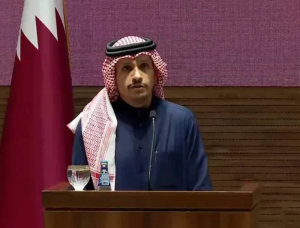 Qatar’s Prime Minister and Minister of Foreign Affairs, Sheikh Mohammed bin Abdulrahman Al-Thani speaking in a press conference. 