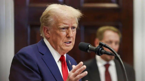 US President Donald Trump speaking in the Roosevelt Room of the White House in Washington, DC