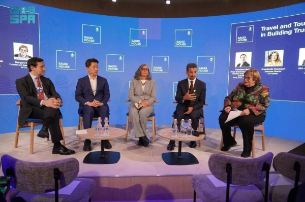 Minister of Tourism Ahmed Al-Khateeb speaking at a session at the Saudi House pavilion in Davos.