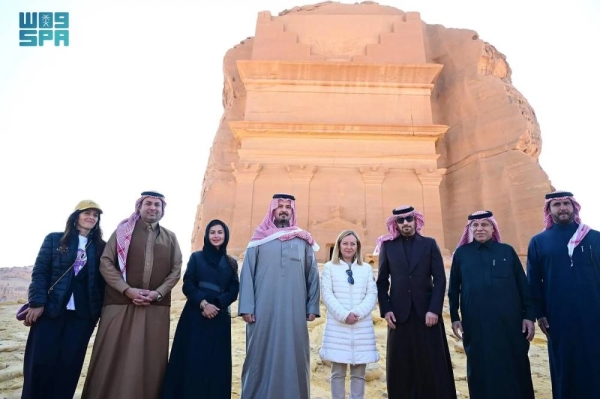 Italian Prime Minister Giorgia Meloni during her tour of the Hegra archaeological site in AlUla on Monday.

