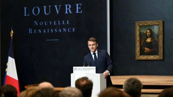 President Macron outlined his New Renaissance project in the exhibition room housing the world-famous Mona Lisa painting