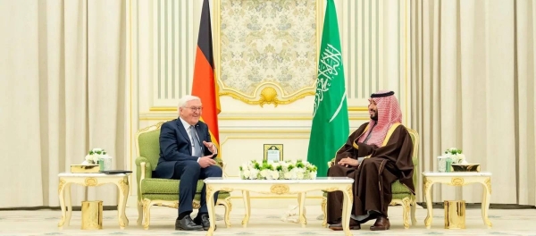 Saudi Crown Prince and Prime Minister Mohammed bin Salman holds talks with German President Frank-Walter Steinmeier at Al-Yamamah Palace in Riyadh on Monday.