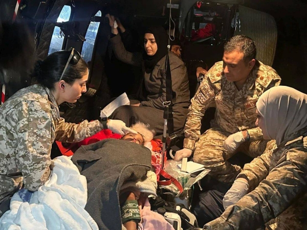 Habiba (center) was medically evacuated from Gaza by the Jordanian military on Monday, in a special mission after Israel had repeatedly delayed her evacuation