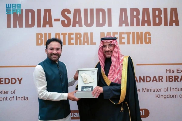 Indian Minister of Coal and Mines G. Kishan Reddy receiving Saudi Minister of Industry and Mineral Resources Bandar Alkhorayef in New Delhi on Tuesday.
