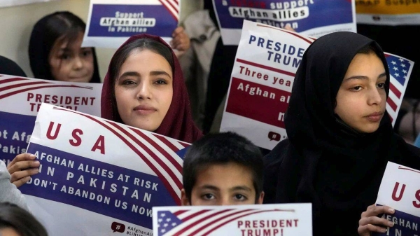 Afghan refugees attend a meeting in Islamabad, Pakistan, on January 24, to discuss their situation after President Donald Trump paused US refugee programs