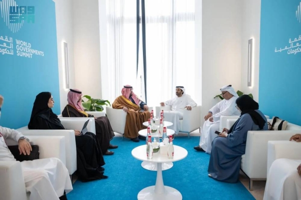 Saudi Minister of Economy and Planning Faisal Alibrahim holds talks with Minister of Economy of the United Arab Emirates Abdulla Bin Touq in Dubai on Wednesday.