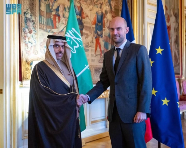 French Minister for Europe and Foreign Affairs Jean-Noël Barrot receives Saudi Minister of Foreign Affairs Prince Faisal bin Farhan in Paris on Wednesday.
