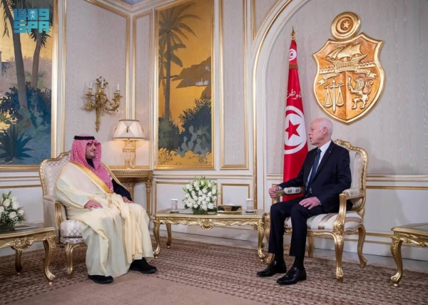 Tunisian President Kais Saied holds talks with Saudi Minister of Interior Prince Abdulaziz bin Saud bin Naif in Tunis on Sunday.