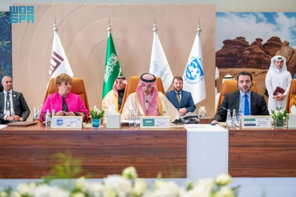 Saudi Finance Minister Mohammed Al-Jadaan and International Monetary Fund Managing Director Kristalina Georgieva attend a roundtable meeting in AlUla on Sunday.

