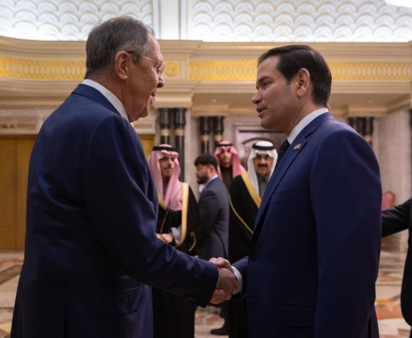 U.S. Secretary of State Marco Rubio and Russian Foreign Minister Sergey Lavrov shake hands following their meeting in Riyadh.