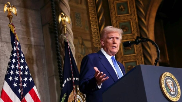 President Donald Trump speaks at Mar-a-Lago in Palm Beach, Fla., Tuesday, Feb. 18, 2025