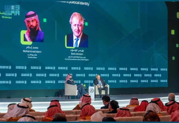 Former UK Prime Minister Boris Johnson at the Saudi Media Forum. (SPA)