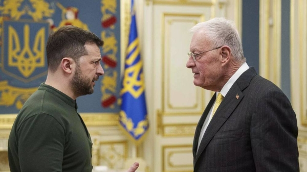 US Special Envoy for Ukraine and Russia Keith Kellogg and Ukraine's President Volodymyr Zelenskyy talk during their meeting in Kyiv, 20 February 2025