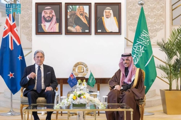 Saudi Minister of Foreign Affairs Prince Faisal bin Farhan holds talks with New Zealand’s Deputy Prime Minister and Minister of Foreign Affairs Winston Peters in Riyadh on Monday.

