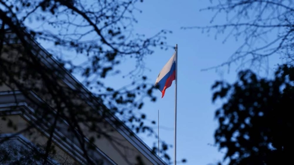 A Russian flag flies over the Russian Embassy in Bucharest, 6 April 2022