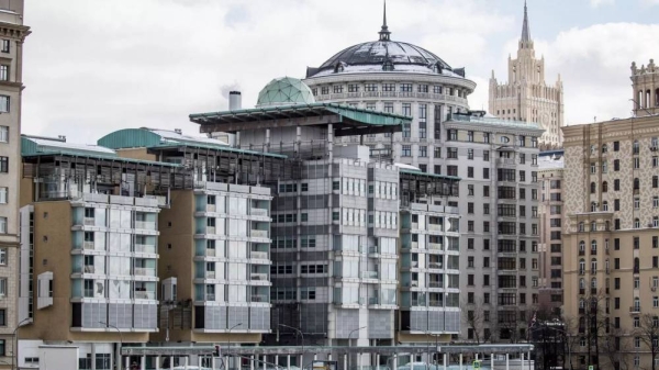 The British Embassy building, center, with the Russian Foreign Ministry building, second right, in Moscow, 1