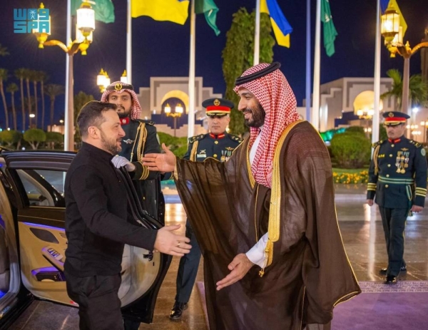 Saudi Crown Prince and Prime Minister Mohammed bin Salman receives Ukrainian President Volodymyr Zelenskyy at Al-Salam Palace in Jeddah.