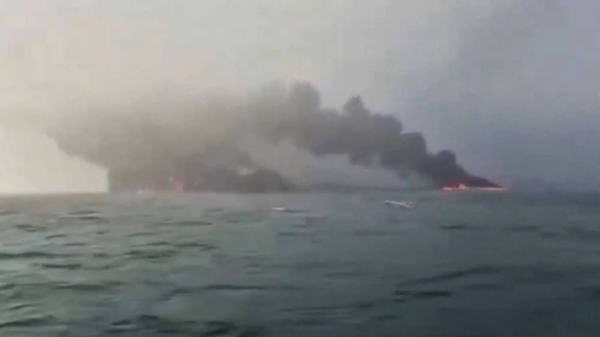 Video circulating on social media shows a vessel on fire after a collision between an oil tanker and cargo ship off the northeast coast of England on Monday