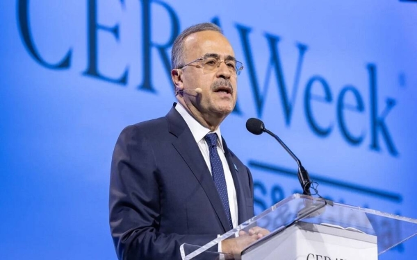 Saudi Aramco President and CEO Amin Nasser speaking at the CERAWeek 2025 conference in Houston.