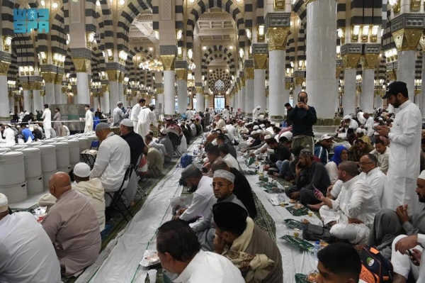 The General Presidency for the Affairs of the Two Holy Mosques has distributed more than 10.8 million iftar meals at the Grand Mosque in Makkah and the Prophet’s Mosque in Madinah during the first half of Ramadan.