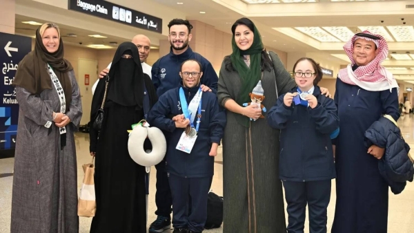 Saudi Ambassador to the United States and Honorary President of Saudi Special Olympics Princess Reema bint Bandar welcomes the Saudi Special Olympics team members upon their arrival at King Abdulaziz International Airport in Jeddah on Monday.