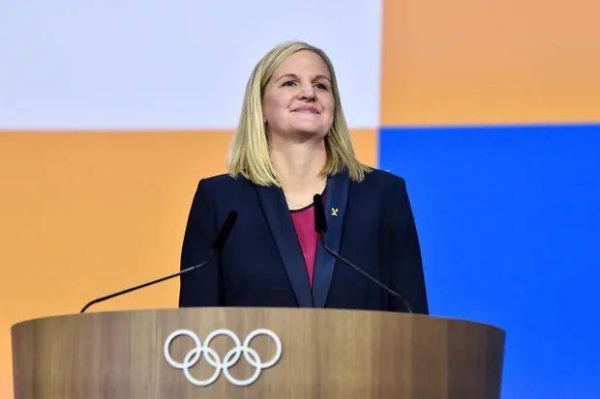 Kirsty Coventry reacts as she delivers a speech after being elected as the new IOC President on Day Two of the 144th International Olympic Committee (IOC) Session on March 20, 2025 in Costa Navarino, Greece