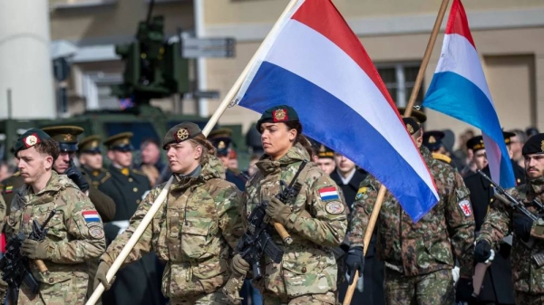 Soldiers of the Dutch Army attend a celebration for the anniversary of Lithuania's NATO membership in Vilnius, 29 March, 2024