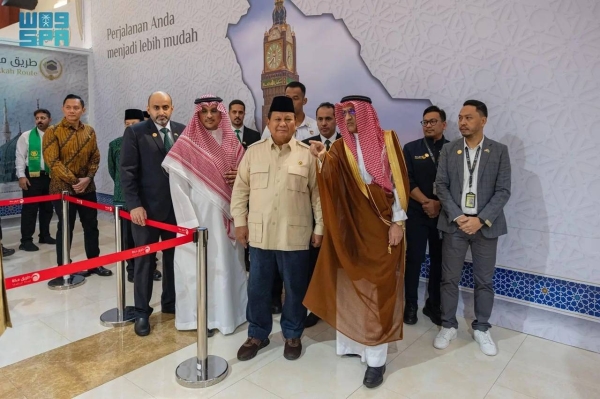 Indonesian President Prabowo Subianto visits the Makkah Route Initiative lounge at Soekarno-Hatta International Airport in Jakarta on Sunday.
