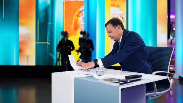 Portugal Election Incumbent Prime Minister and leader of the Social Democratic Party Luis Montenegro, waits for the start of an election TV debate with opposition leader