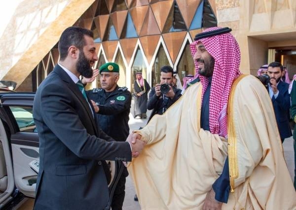 Saudi Crown Prince and Prime Minister Mohammed bin Salman receives Syrian President Ahmad al-Sharaa in Riyadh in February this year (File photo).