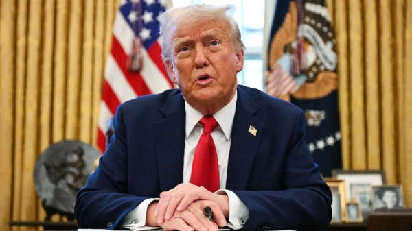 US President Donald Trump speaks to the press in the Oval Office at the White House