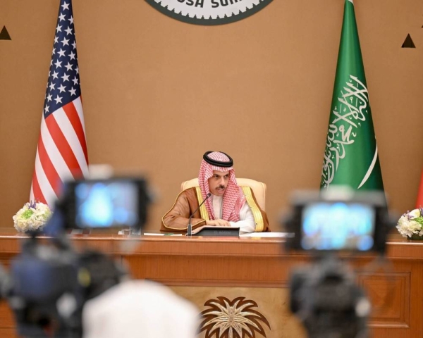 Saudi Foreign Minister Prince Faisal bin Farhan speaks at a press conference following the U.S.-Gulf Summit in Riyadh on Wednesday.
