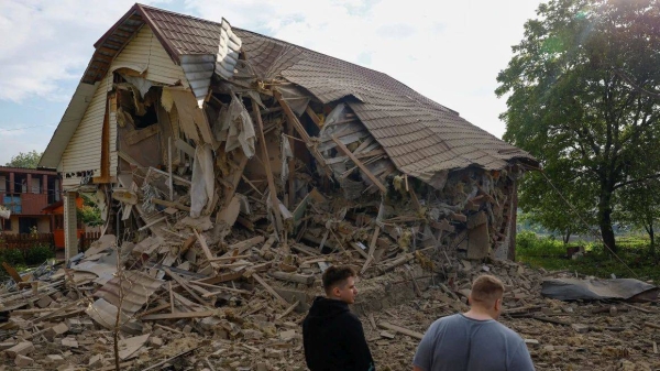 A house outside of Kyiv that was heavily damaged by a Russian drone strike overnight